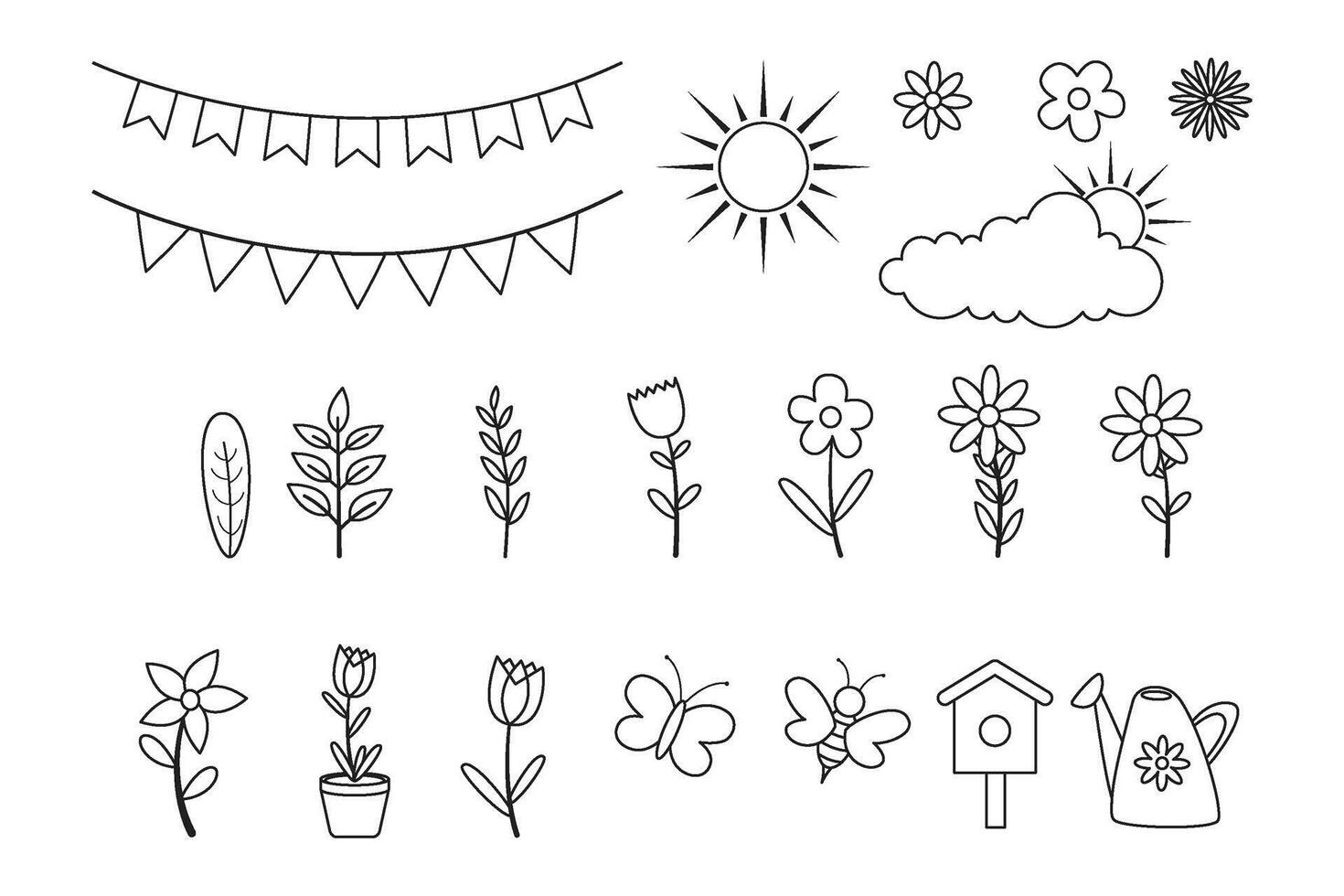 spring set with bees, butterflies, flower, branches, and leaves. Hand drawn outline elements. vector