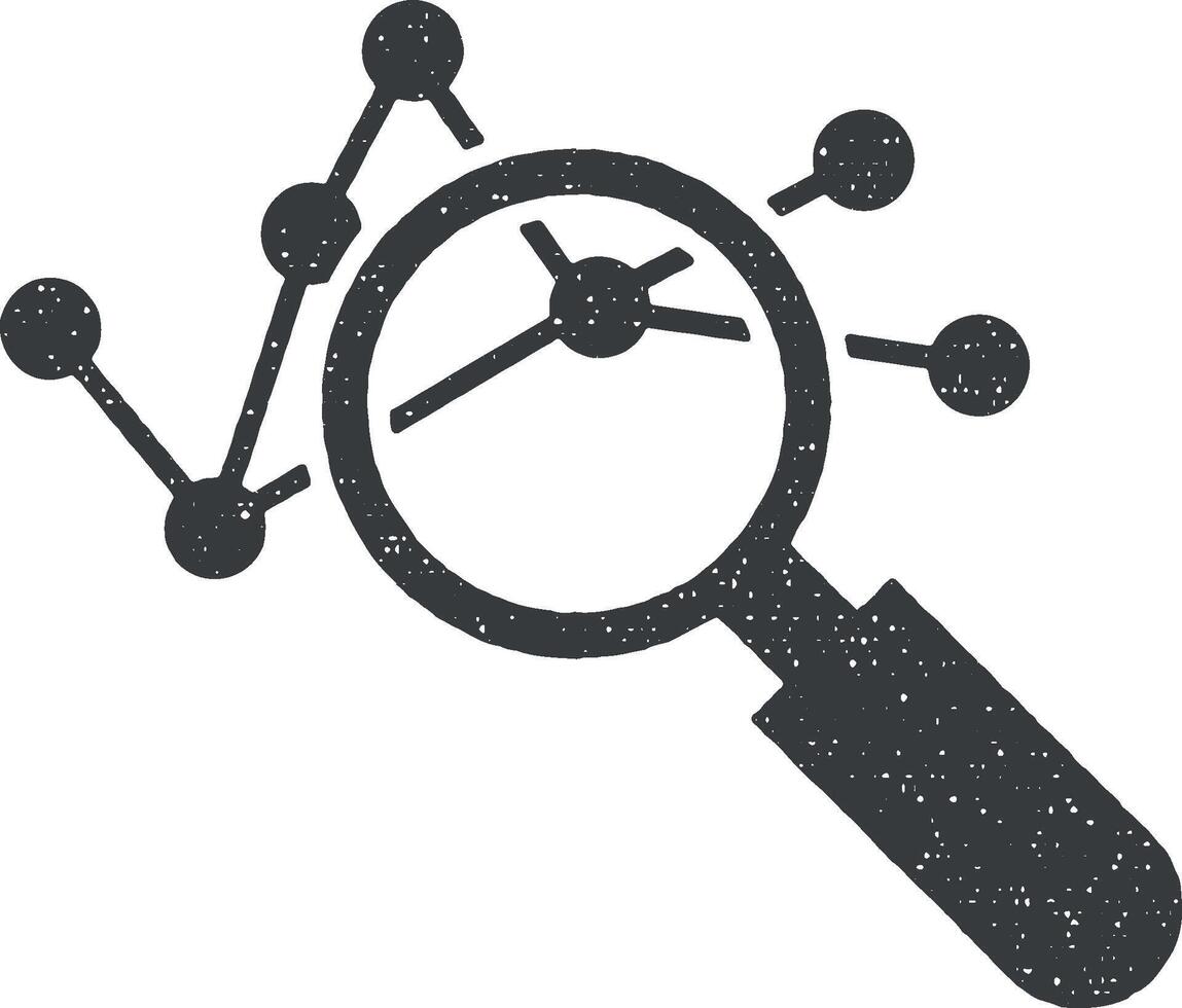 analytics, magnifying icon vector illustration in stamp style
