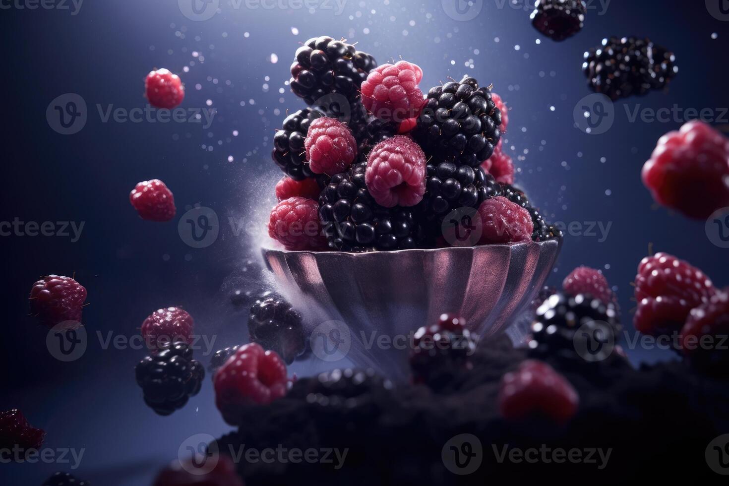 AI generated Fresh juicy berries raspberry, blackberry in a glass bowl on blue dark background photo