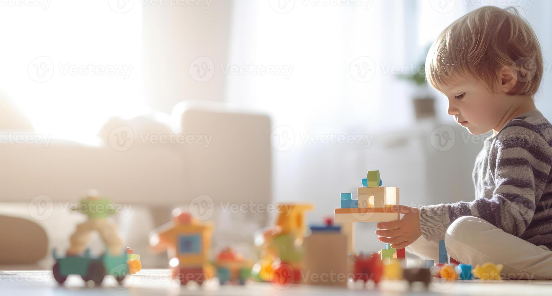 AI generated Little toddler boy playing with wooden toys collection on the floor in his playroom photo