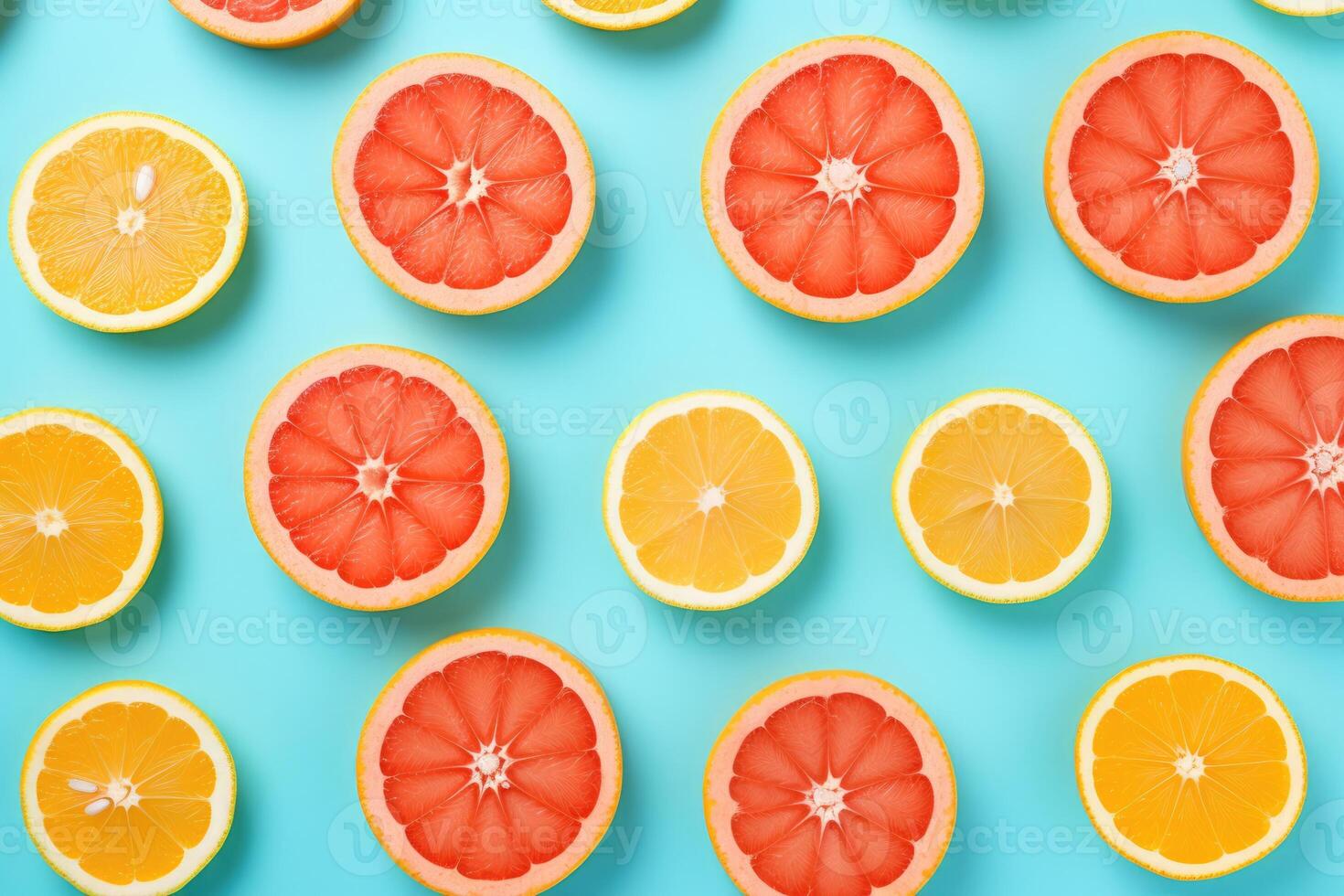 AI generated Top view of slices of fresh citrus fruits on bright blue background. photo