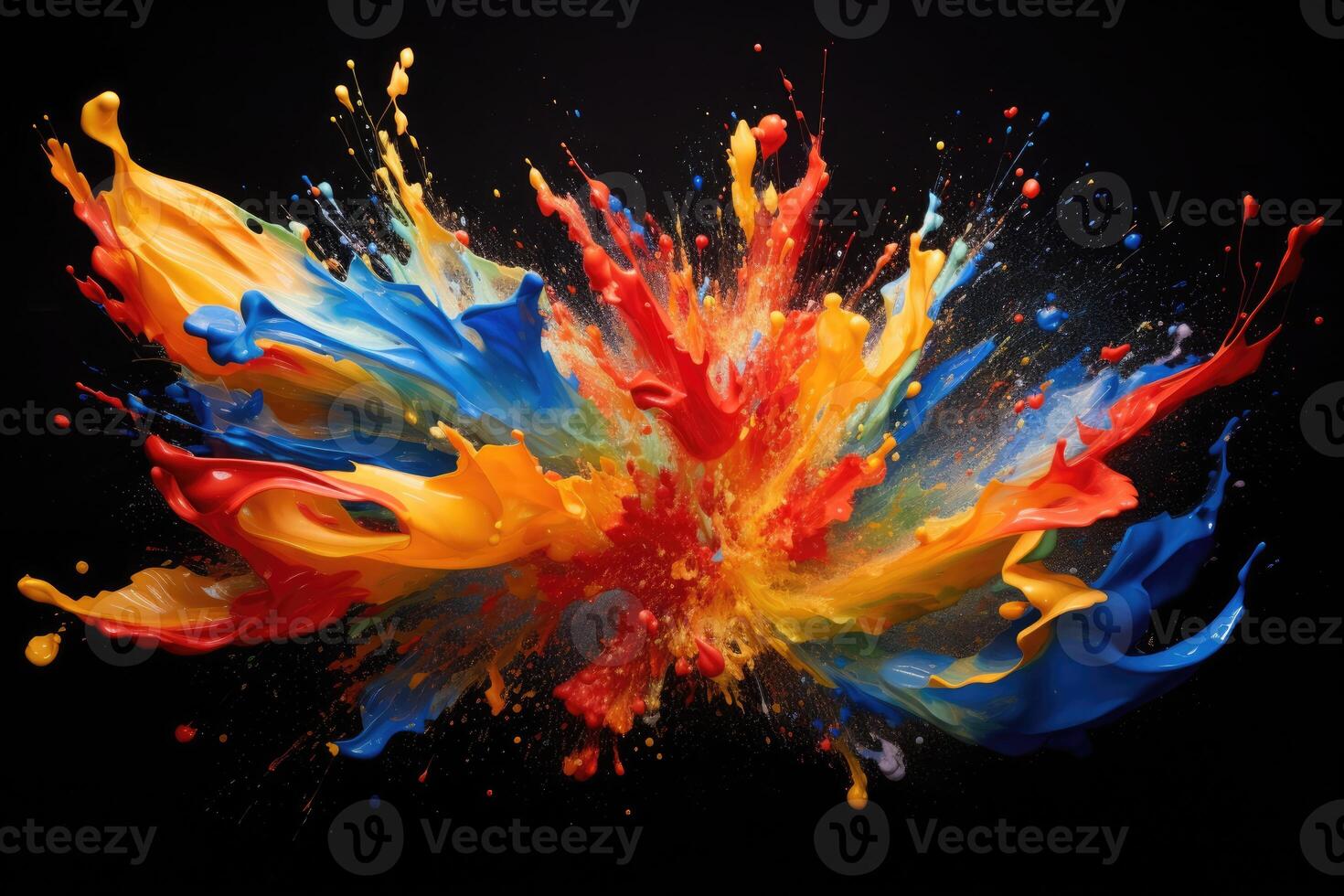 AI generated Abstract vibrant multicolor wet paint splash of drops isolated on black background photo