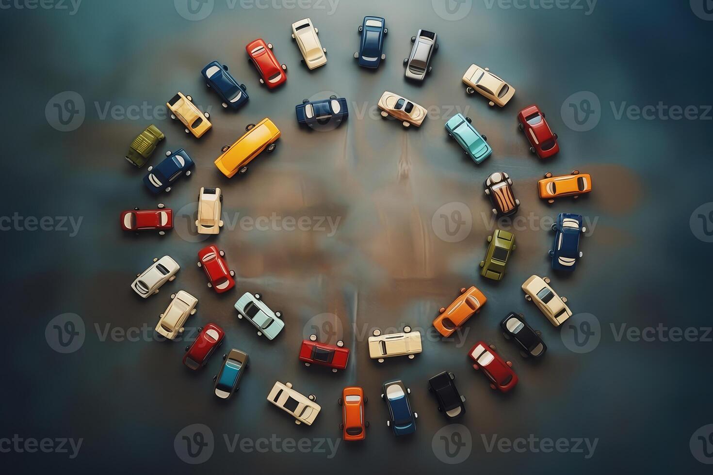 AI generated Top view of colorful toy car collection standing in a circle on in child playing room. photo