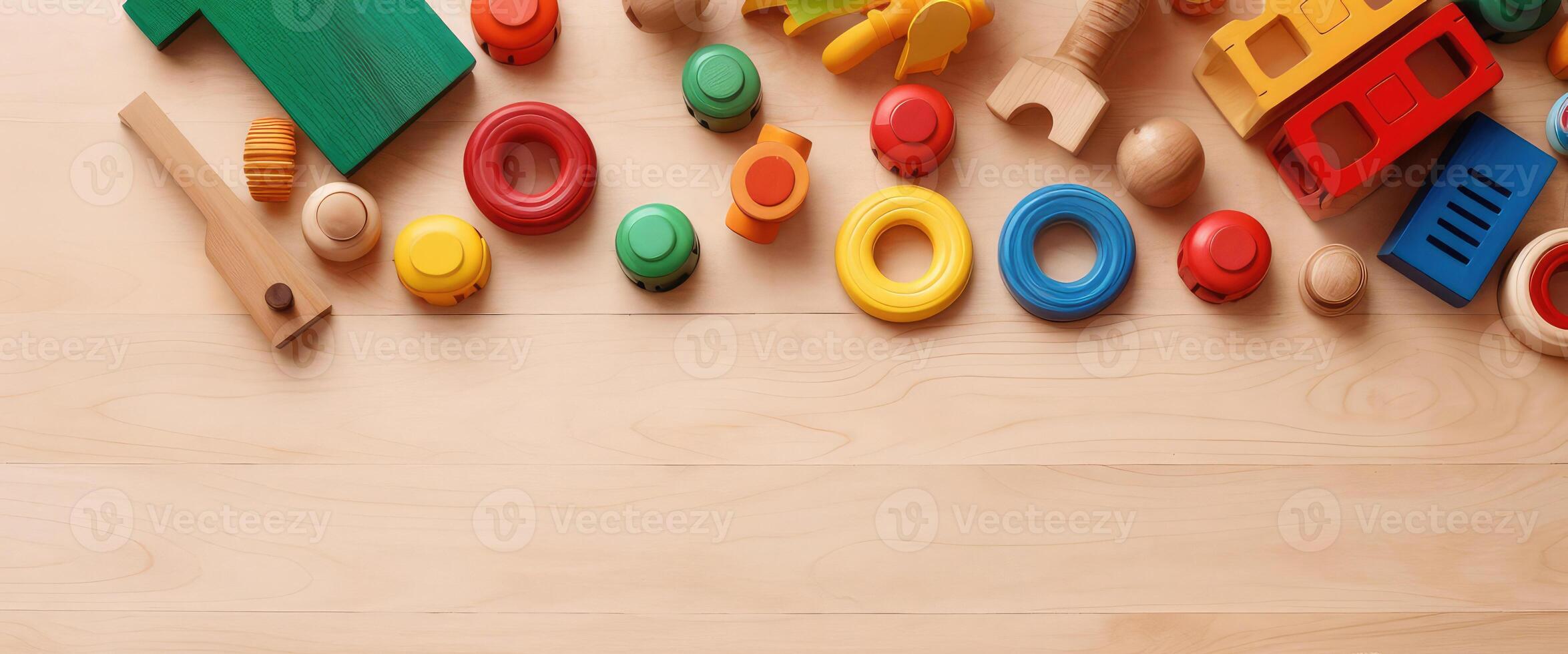 AI generated Top view of kids toys frame on wooden background with copy space. photo