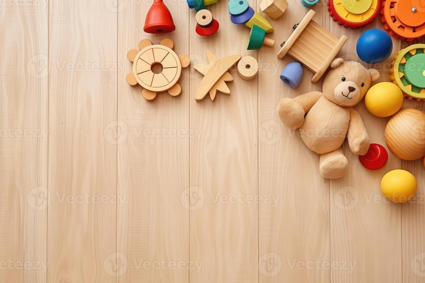 AI generated Top view of kids toys frame on wooden background with copy space. photo