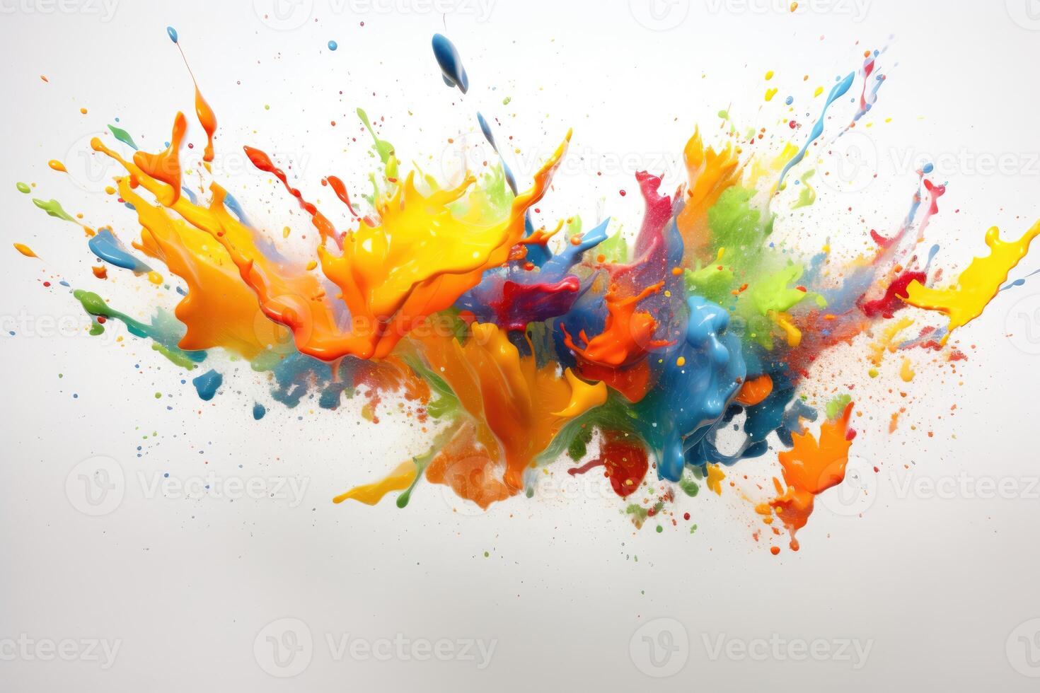AI generated Abstract vibrant multicolor wet paint splash of drops isolated on white background photo