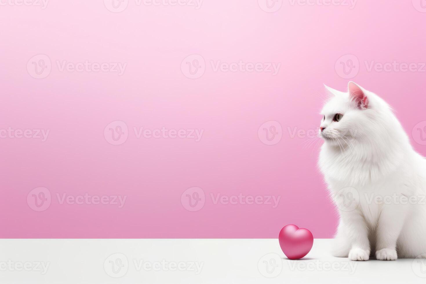 AI generated Portrait of a cute little domestic cat on a pink background with love hearts. photo