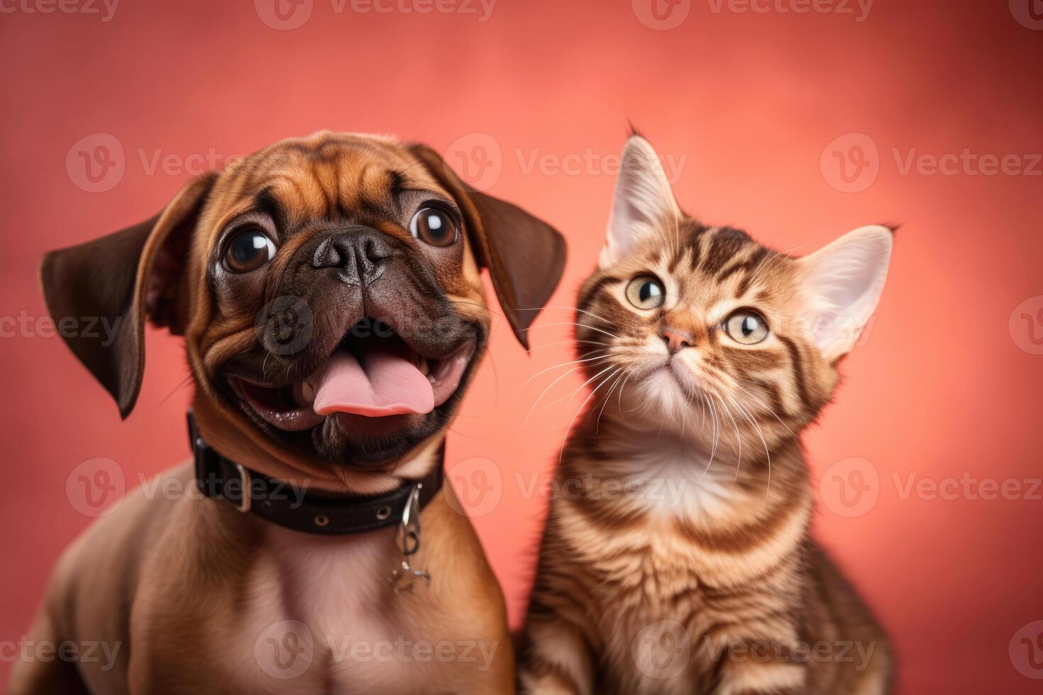 ai generado cerca arriba retrato de un gracioso pequeño perro y un gato mirando a el cámara en un rojo antecedentes. foto