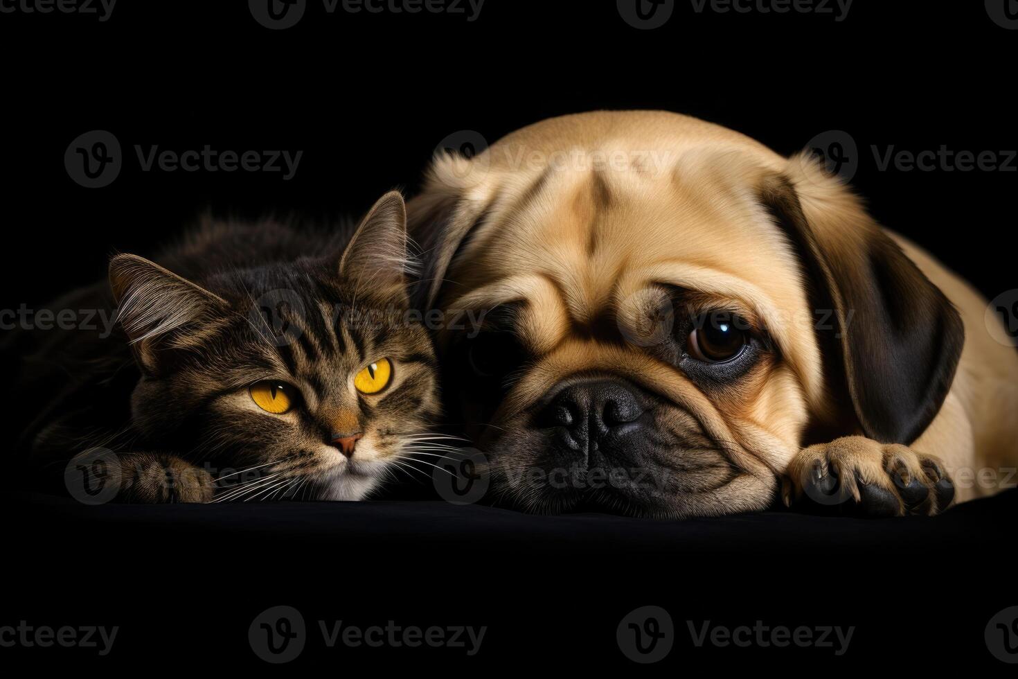 AI generated Close up portrait of a dog and a cat looking at the camera in front of a gray background photo