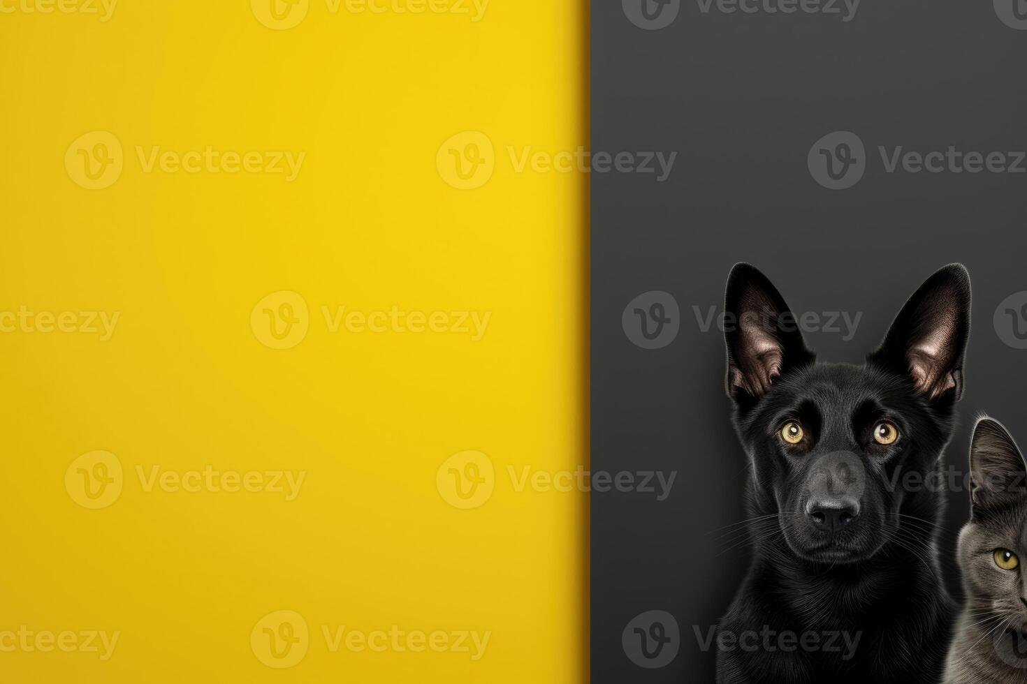 AI generated Portrait of a black dog and a cat head looking at the camera on a gray and yellow background photo