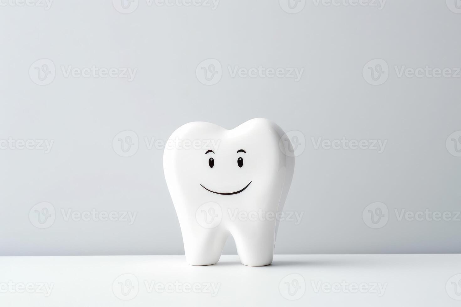AI generated Happy smiling healthy tooth toy character with smile on gray background with copy space photo