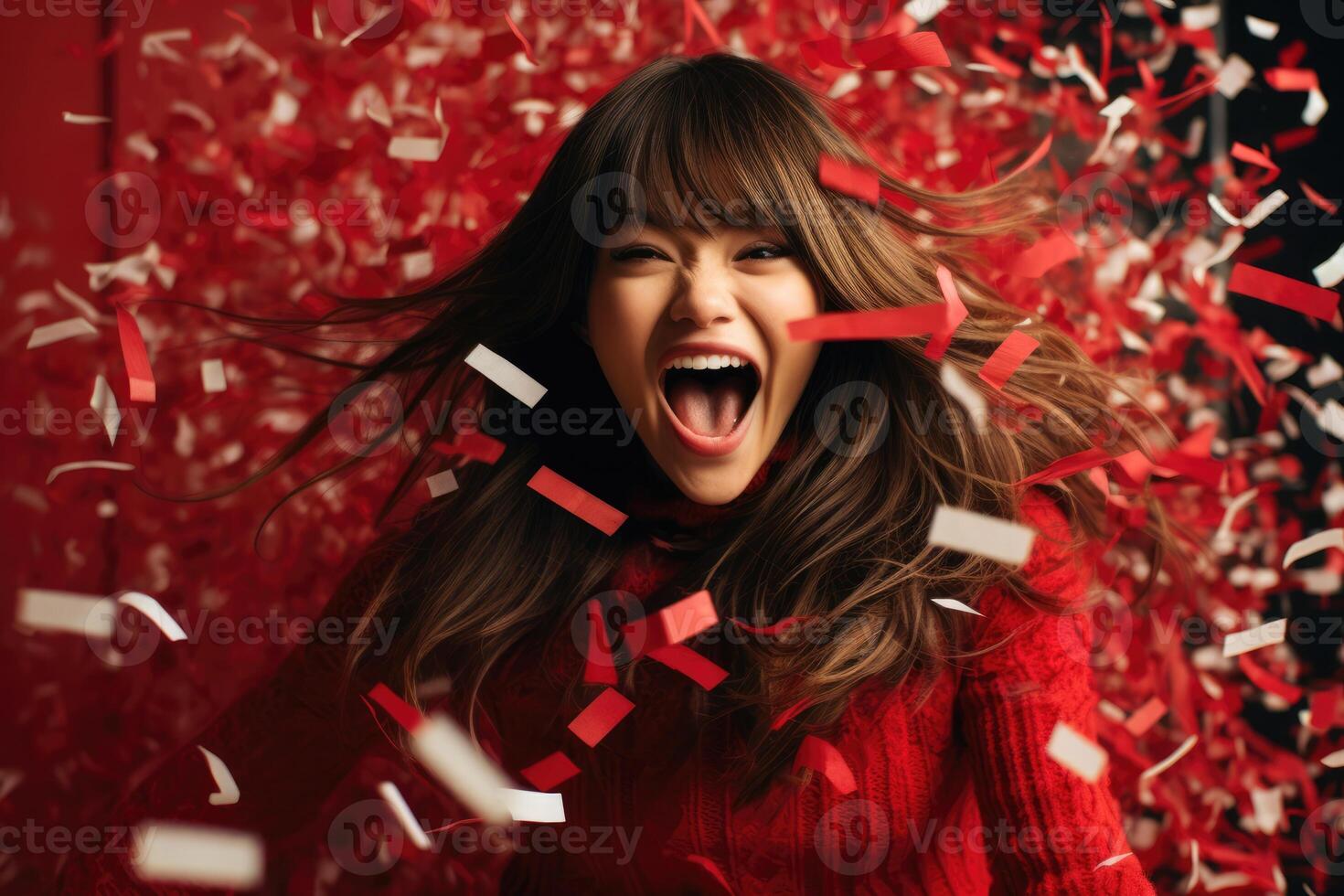 ai generado joven contento satisfecho emocionado divertido sorprendido asombrado mujer en un chapoteo de festivo rojo papel picado. foto