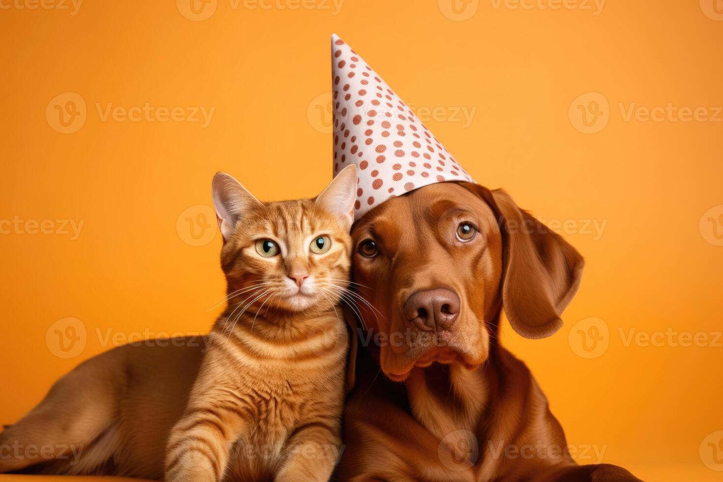 AI generated Cute adorable birthday red dog in party hat with kitten cat sitting on yellow orange background photo