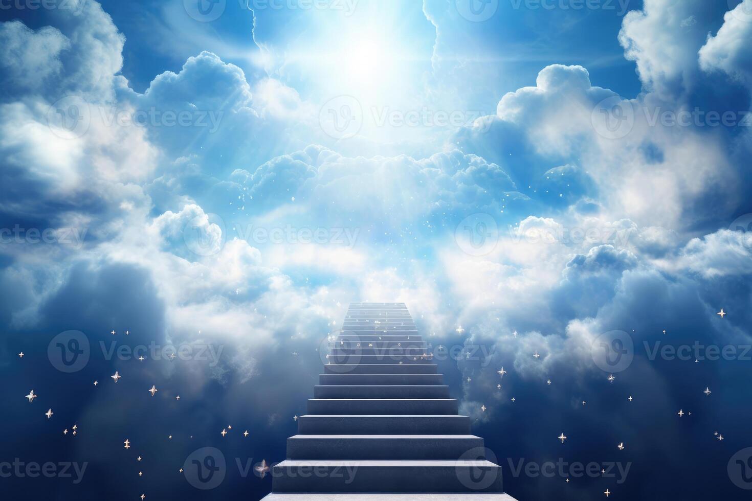 AI generated Stairway to heaven through white clouds in blue sky background. photo