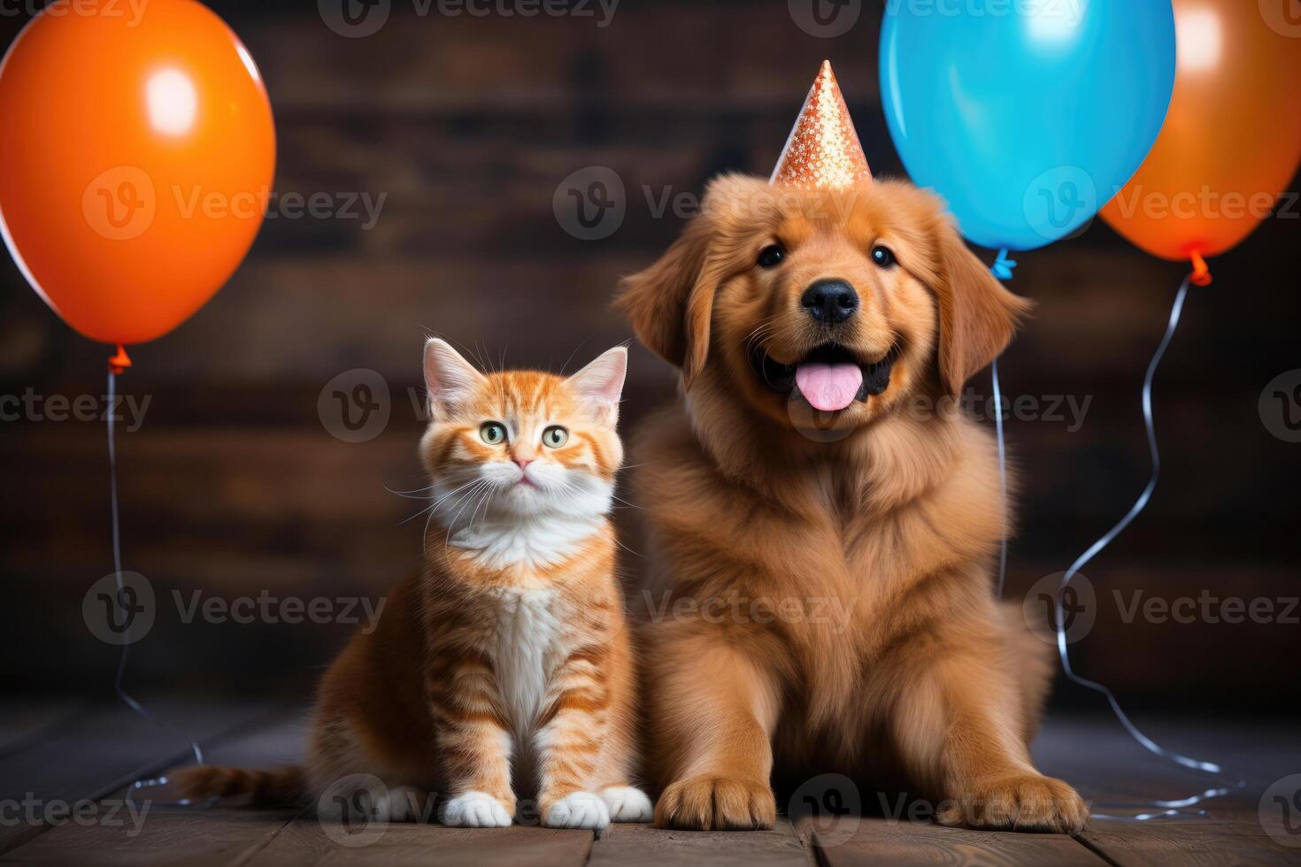 AI generated Cute birthday red dog in party hat with kitten cat sitting on wooden background with balloons. photo