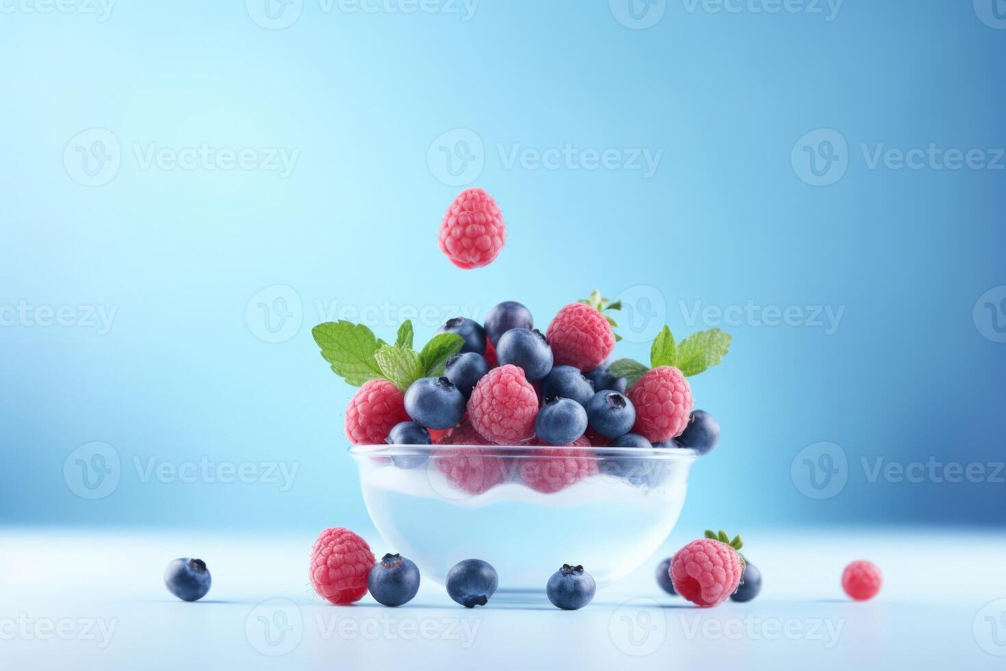 AI generated Fresh juicy berries blackberry, blueberry in a glass bowl on blue background photo