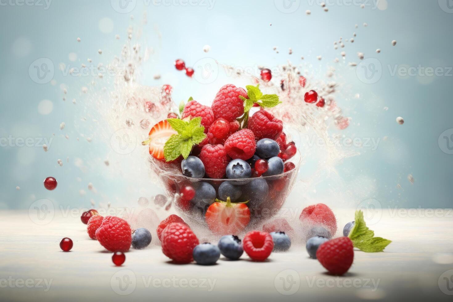 AI generated Fresh juicy berries strawberry, blackberry, blueberry in a glass bowl on blue background photo