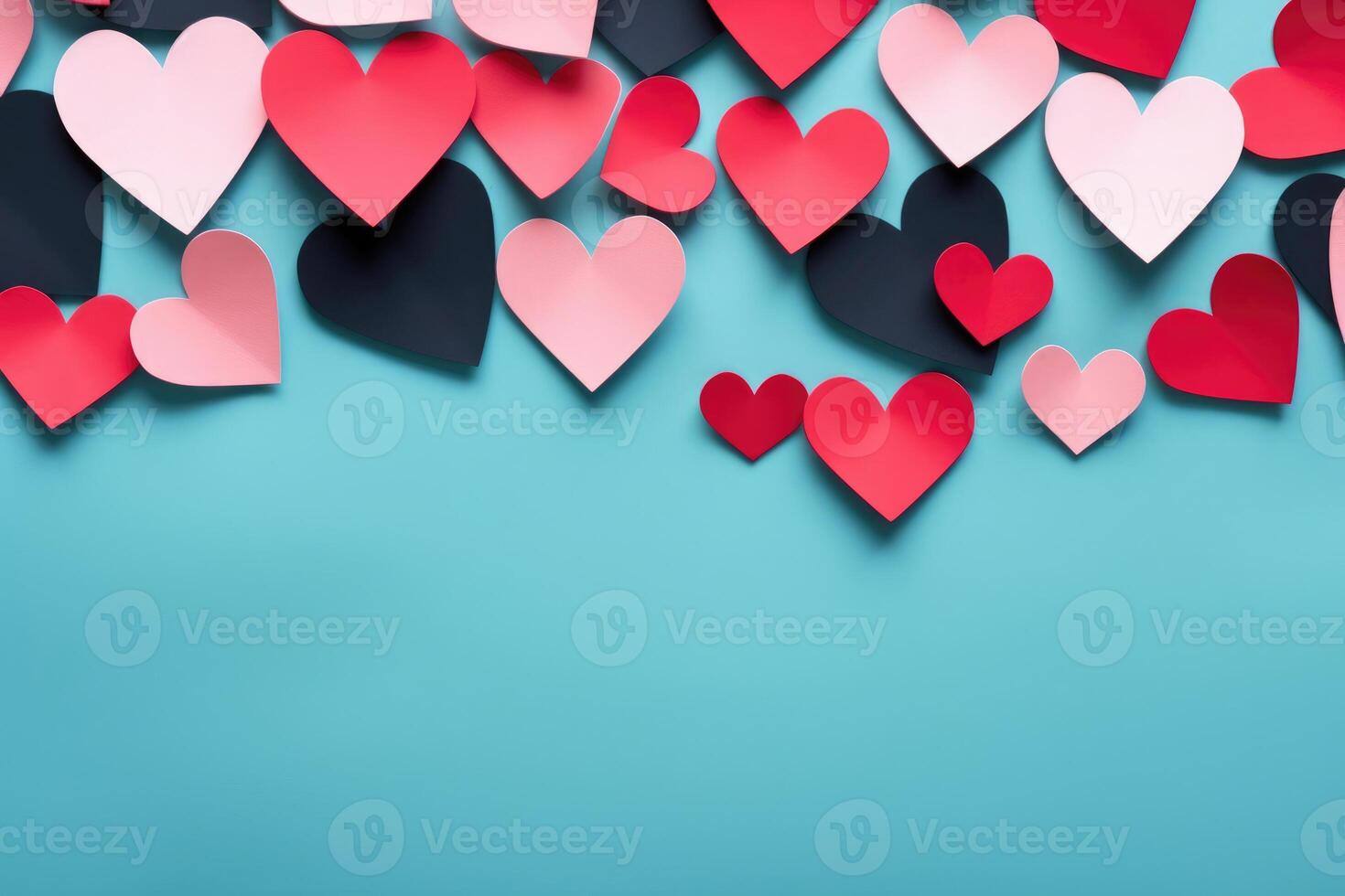 AI generated Pink and red hearts on a monocolor background. Happy Valentine's Day top view greeting card photo