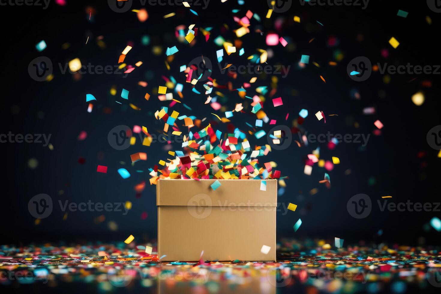 AI generated Gift box on festive blue background with with colorful circle confetti. photo