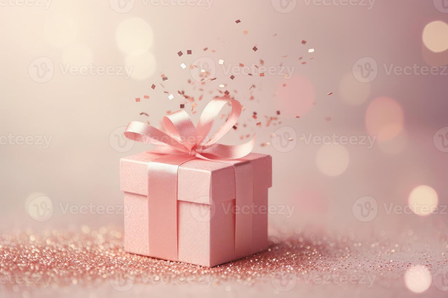 AI generated Pink gift box with a bow on festive glittering bokeh pink background photo