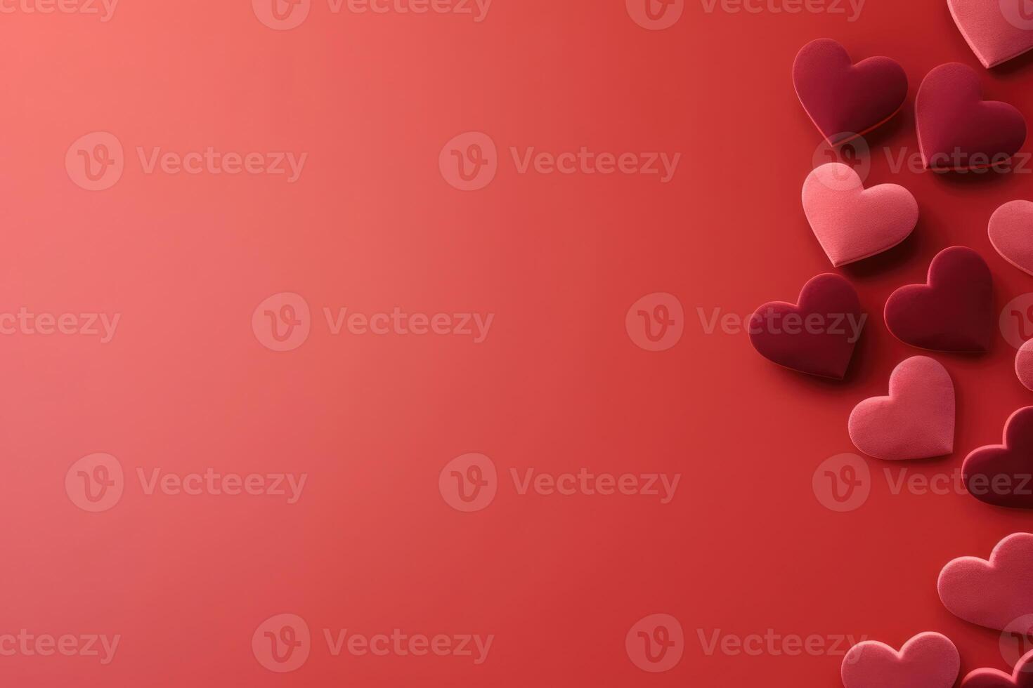 AI generated Red textile hearts on paper monocolor background. Happy Valentine's Day top view photo