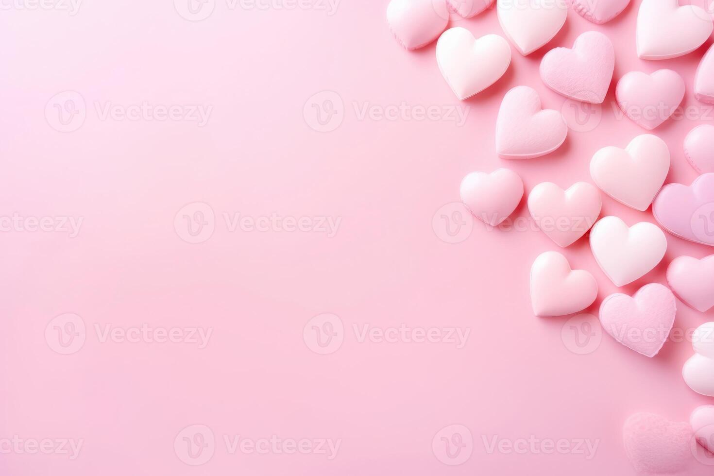AI generated Pink hearts on a monocolor pastel background. Happy Valentine's Day top view greeting card photo