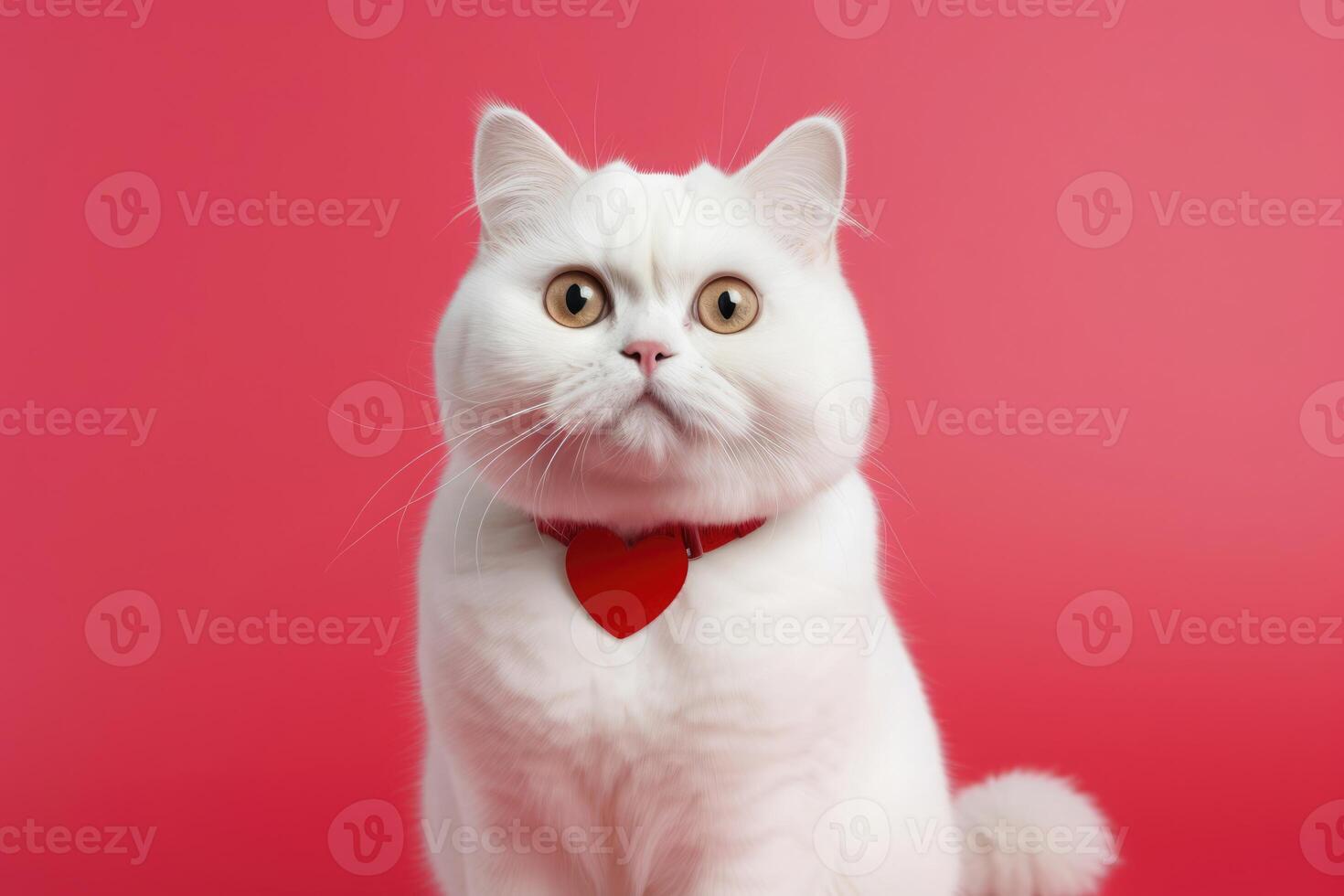 AI generated Portrait of a cute little domestic cat on a red background with love heart. photo