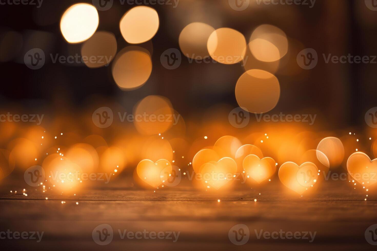 AI generated Golden glittering shiny hearts on defocused festive bokeh background with copy space. photo