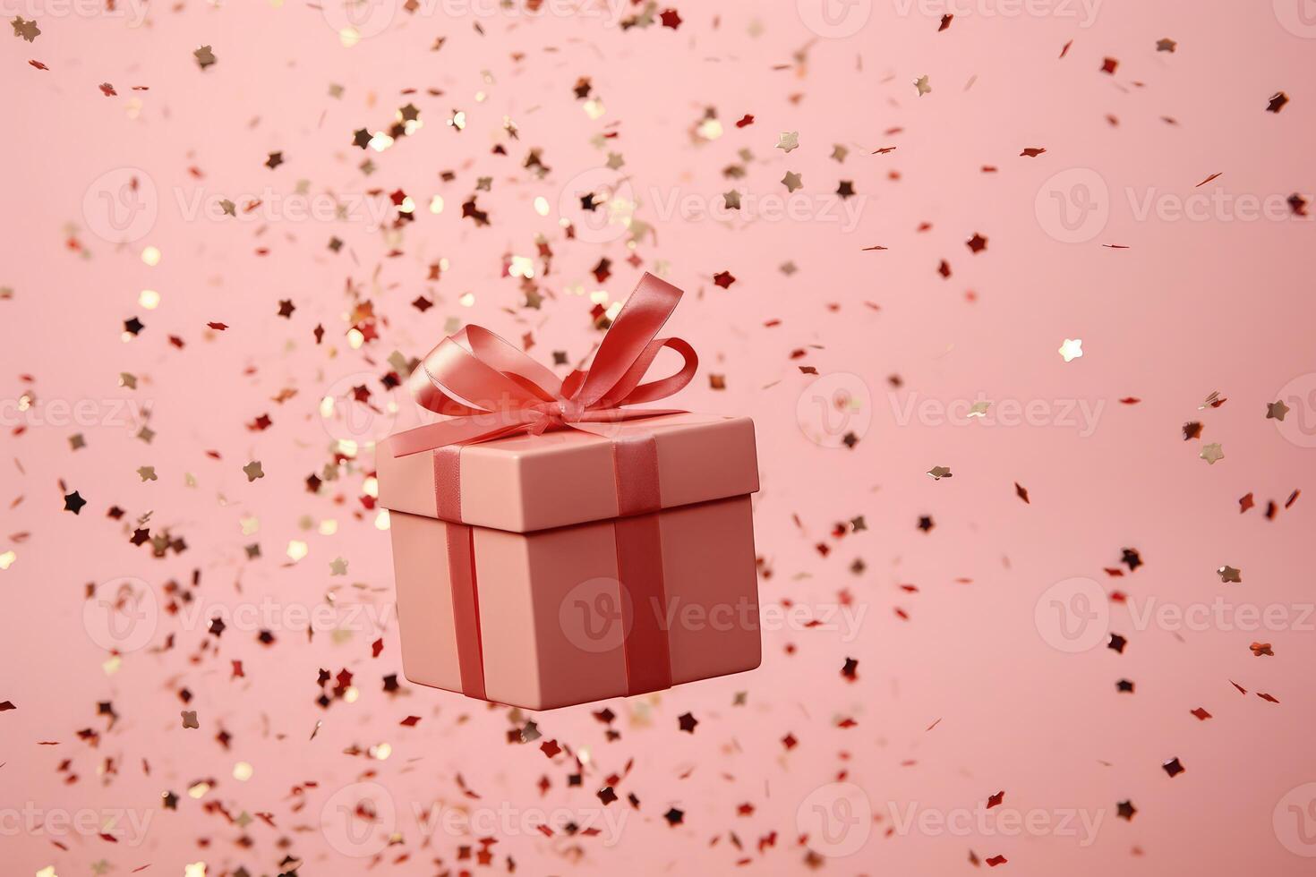 AI generated Pink gift box with a bow on festive glittering bokeh pink background photo