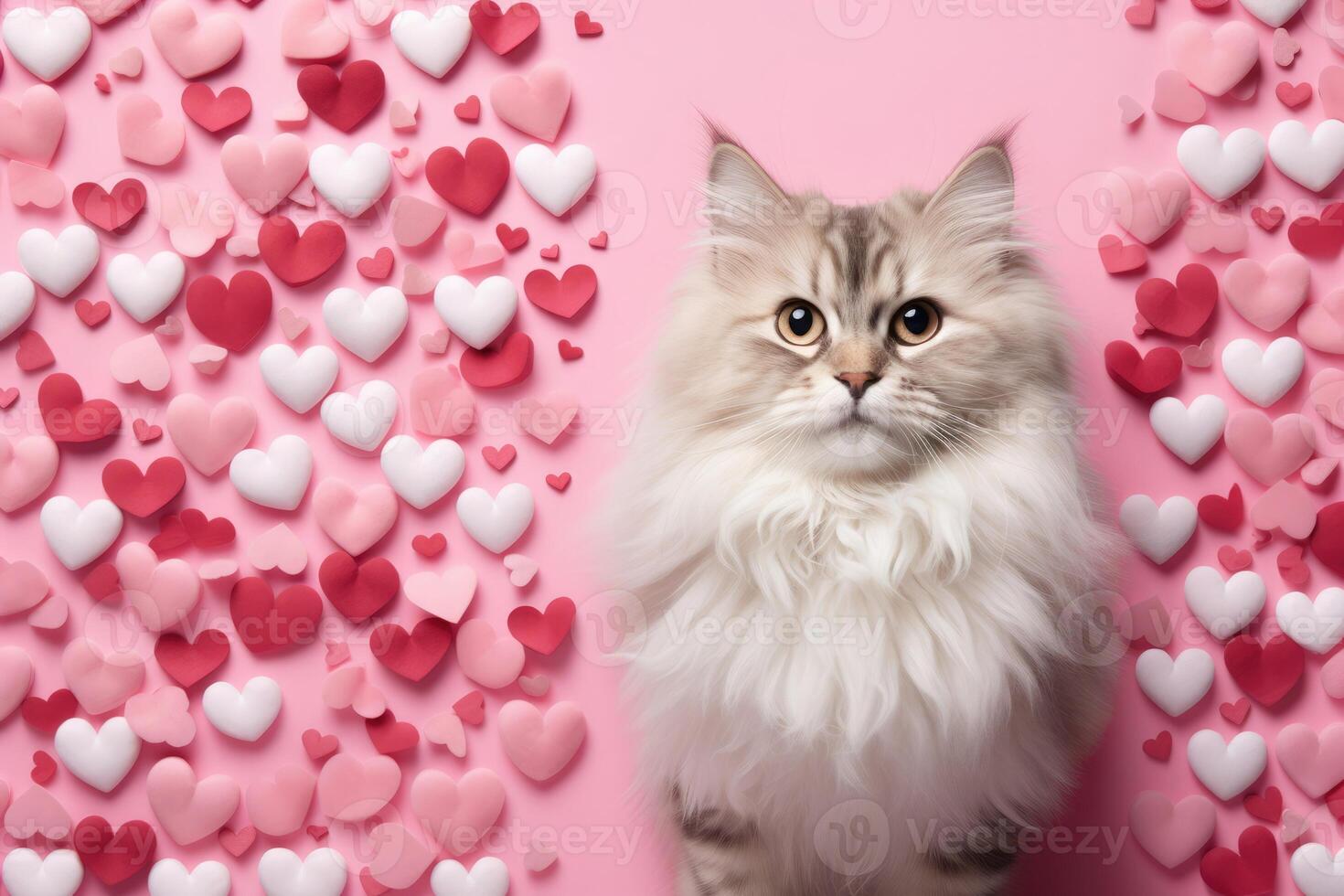 AI generated Portrait of a cute little domestic cat on a pink background with red love heart. photo