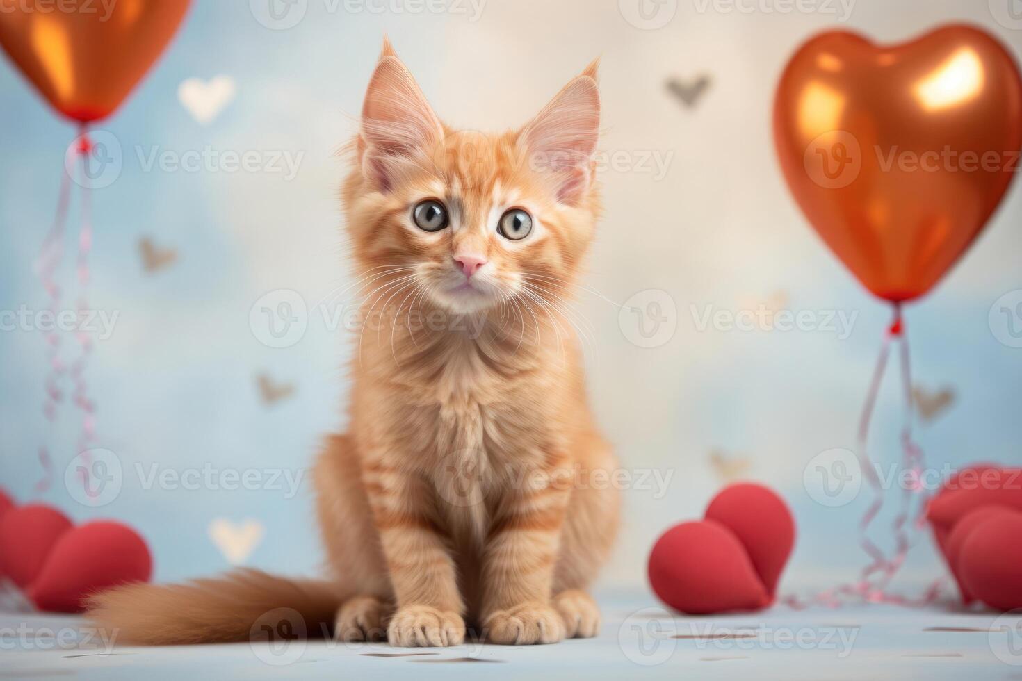 AI generated Portrait of a cute little fluffy domestic cat on a blue background with love balloon hearts photo
