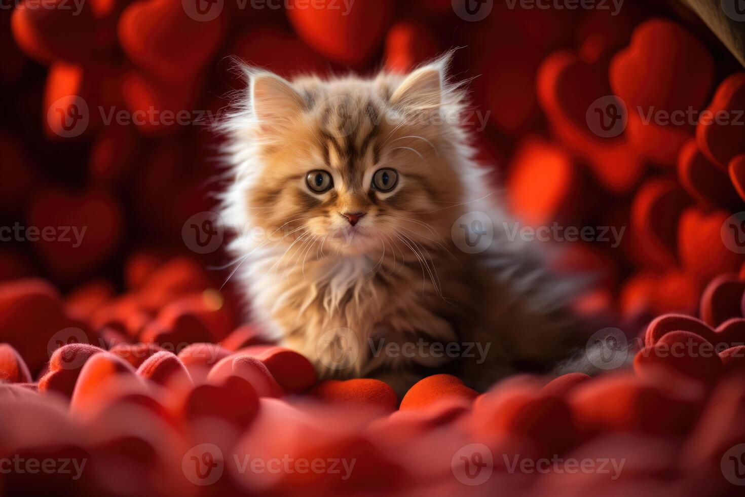 AI generated Portrait of a cute little stripped fluffy domestic cat on a red background with love hearts photo