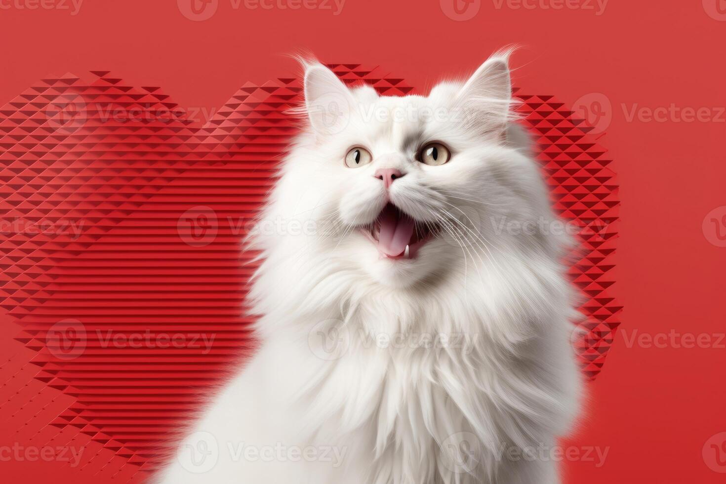 AI generated Portrait of a cute little domestic cat on a red background with love heart. photo