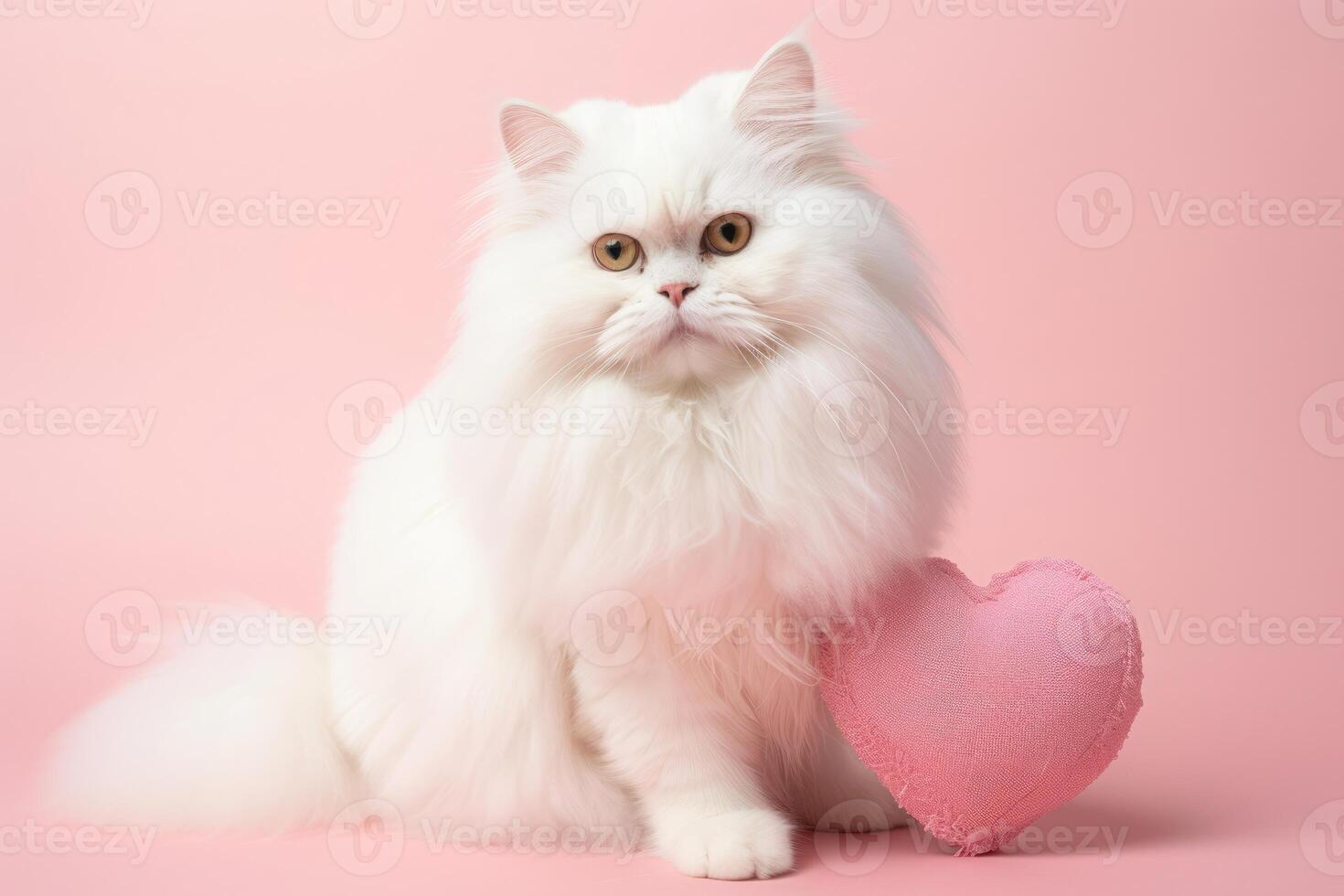 AI generated Portrait of a cute little domestic cat on a pink background with love hearts. photo