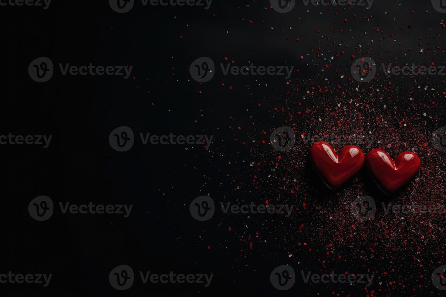 AI generated Red hearts on a black background for Happy Valentine's Day top view with copy space for text. photo