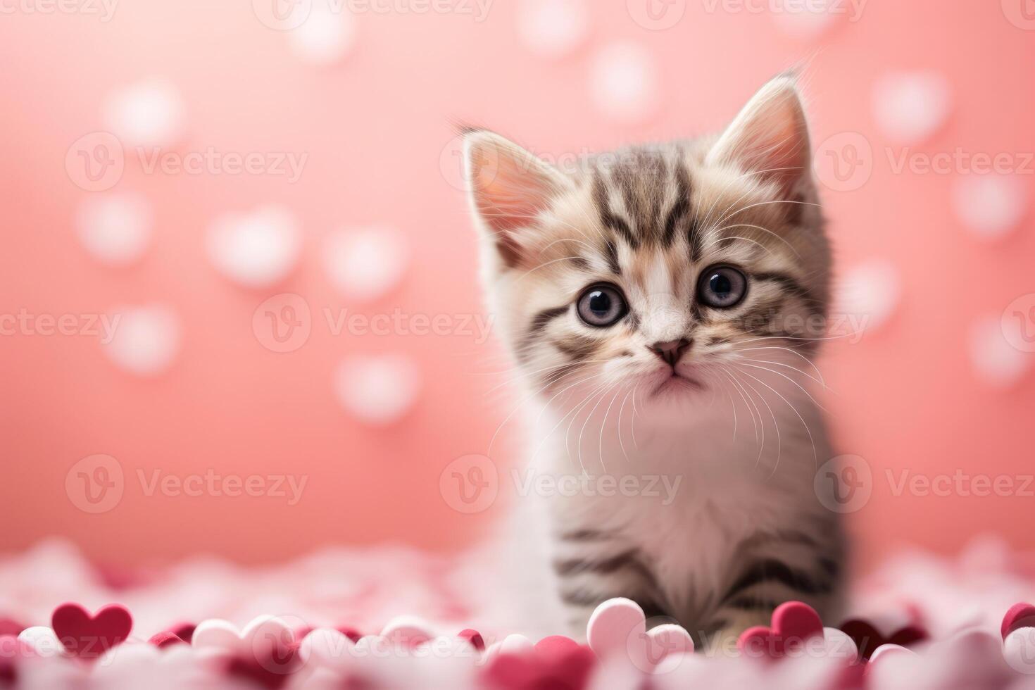 AI generated Portrait of a cute little gray stripped fluffy domestic cat on a red background with love hearts photo