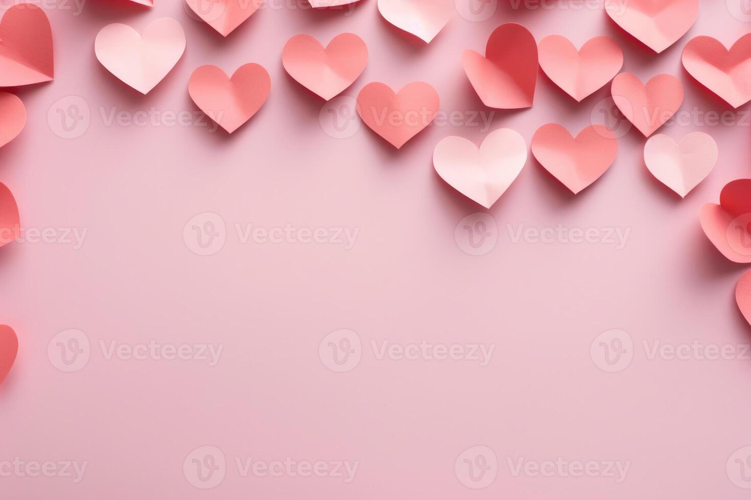 AI generated Pink hearts on a monocolor pastel background. Happy Valentine's Day top view greeting card photo