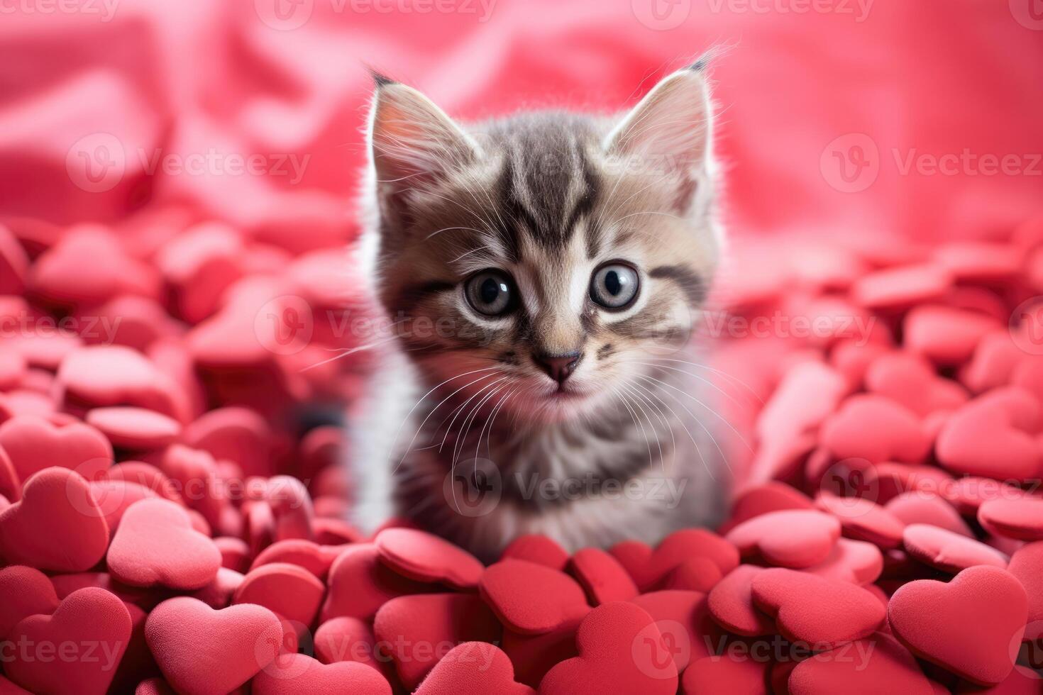 AI generated Portrait of a cute little gray stripped fluffy domestic cat on a red background with love hearts photo