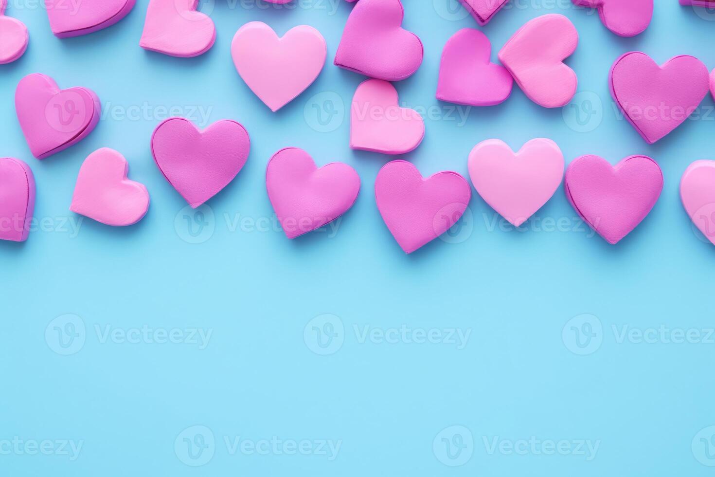 AI generated Pink paper hearts on a pastel blue background. Happy Valentine's Day photo