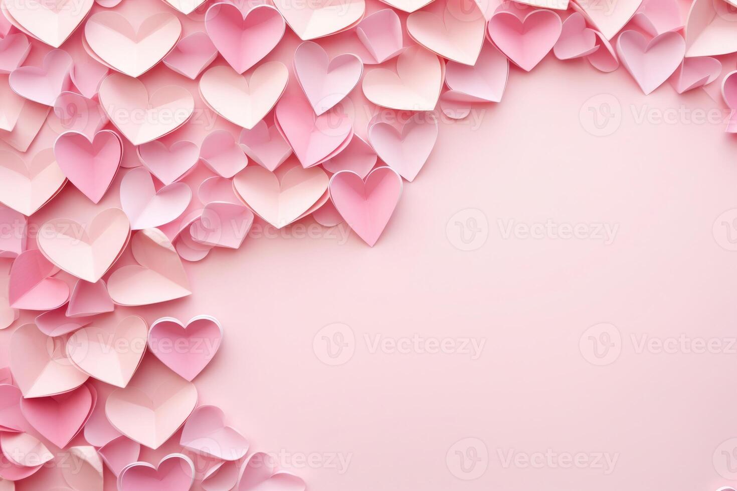 AI generated Pink hearts on a monocolor pastel background. Happy Valentine's Day top view greeting card photo