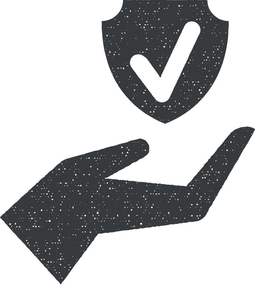 Insurance, hand, protection, shield icon vector illustration in stamp style