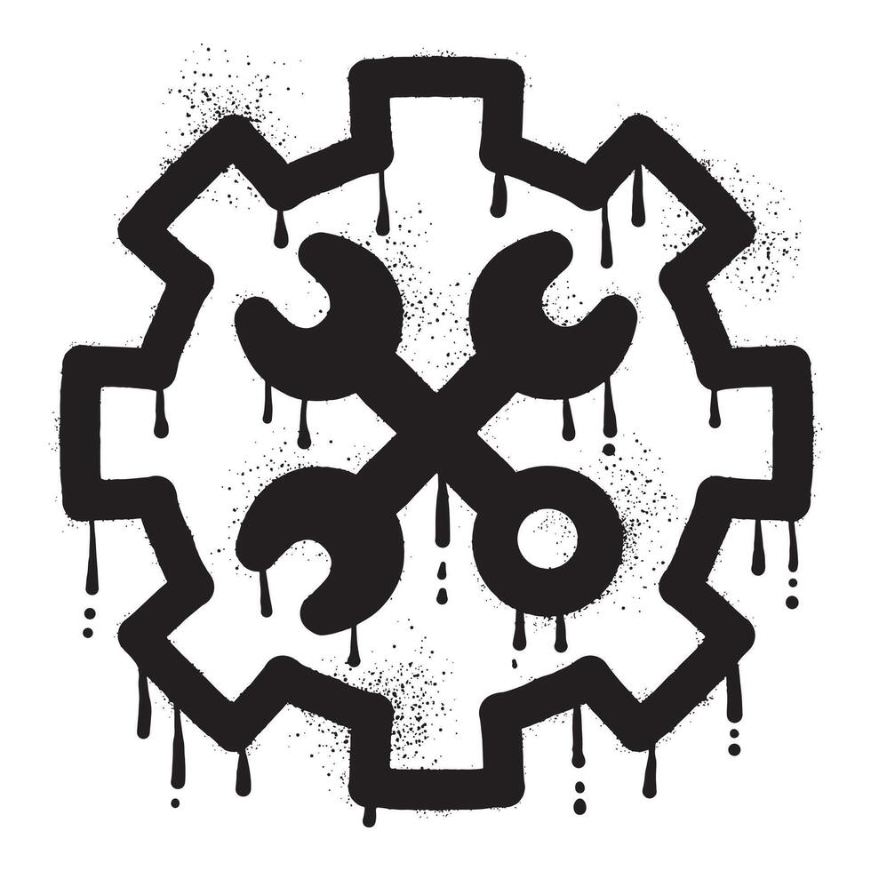 Wrench graffiti on gear wheel drawn with black spray paint vector