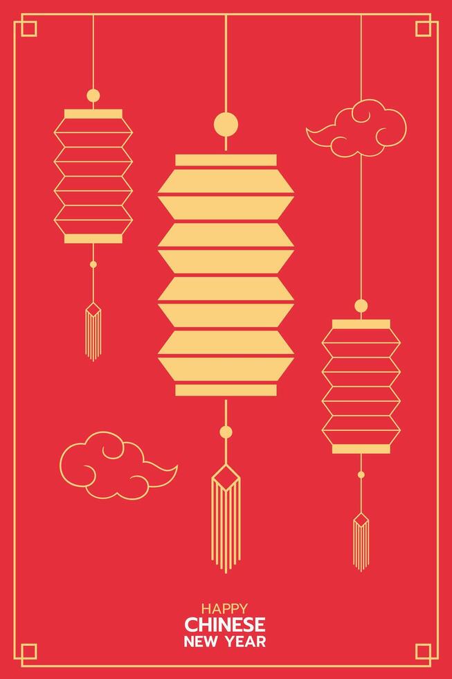 chino nuevo año linternas, moderno Arte diseño, oro y rojo color para cubrir, tarjeta, póster, bandera, plano diseño, vertical frente vista. vector