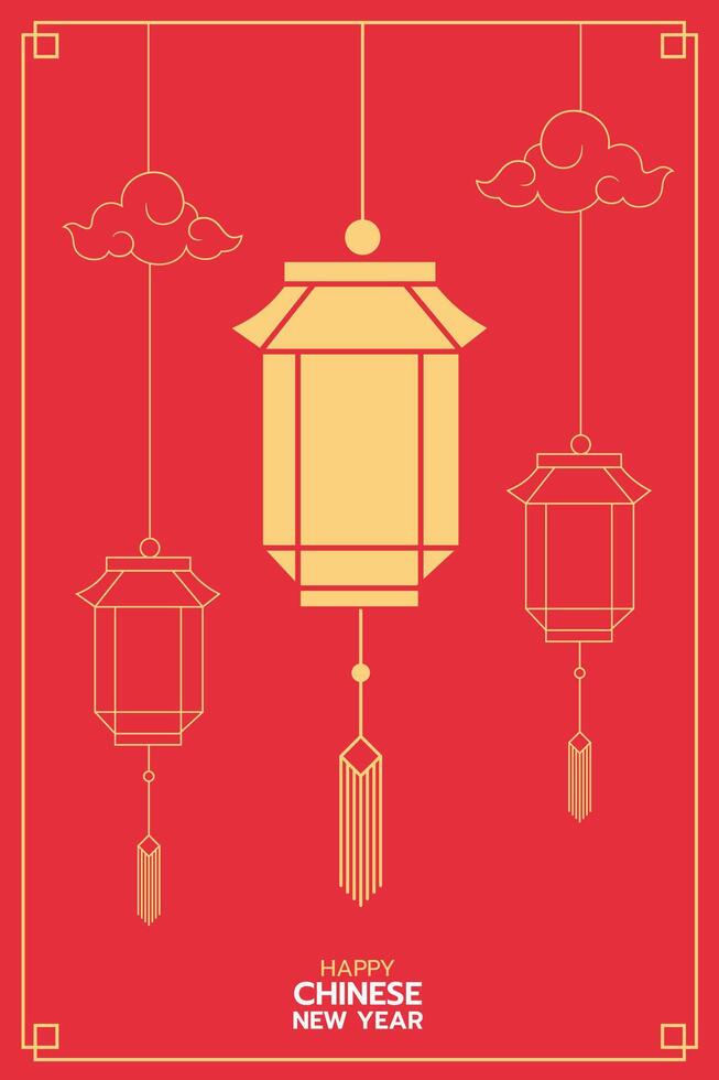 Chinese New Year lanterns, modern art design, gold and red color for cover, card, poster, banner, flat design, Vertical front view. vector