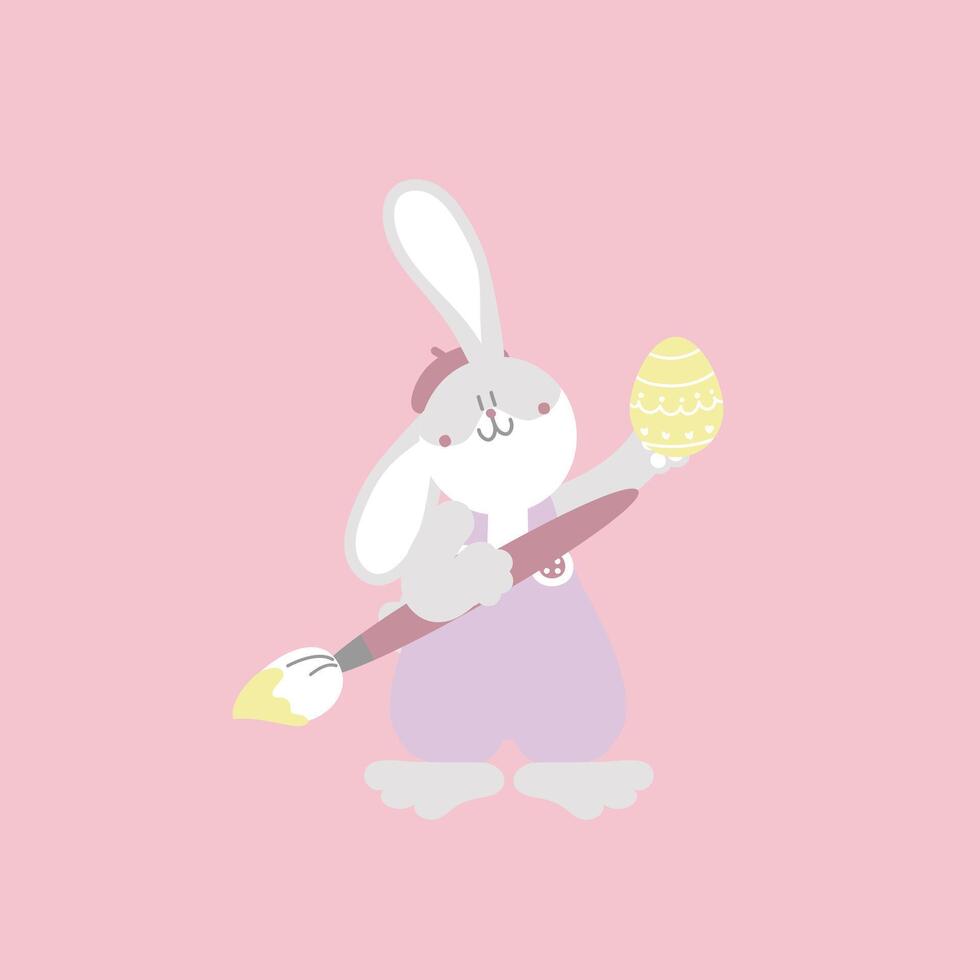 happy easter festival with animal pet bunny rabbit, paintbrush and egg, pastel color, flat vector illustration cartoon character