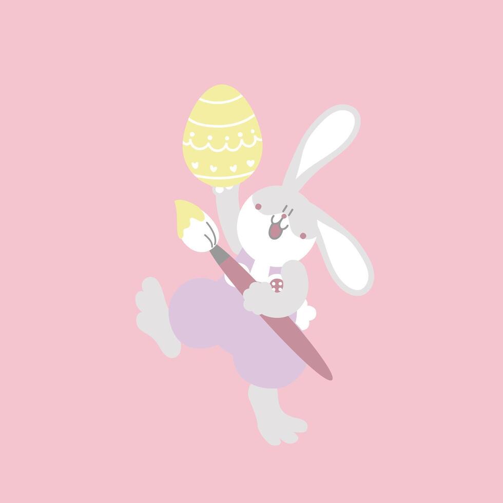 happy easter festival with animal pet bunny rabbit, paintbrush and egg, pastel color, flat vector illustration cartoon character