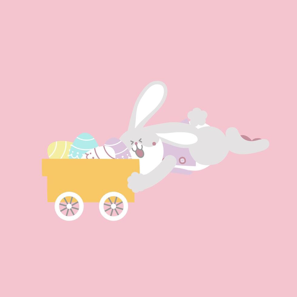 happy easter festival with animal pet bunny rabbit, cart and egg, pastel color, flat vector illustration cartoon character