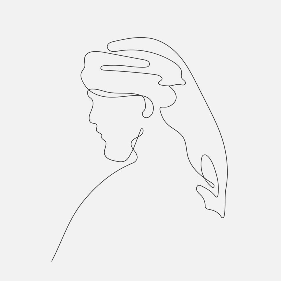 Continuous line drawing Arab man in keffiyeh. Sketch of saudi human. Middle East people, muslim profile. Vector