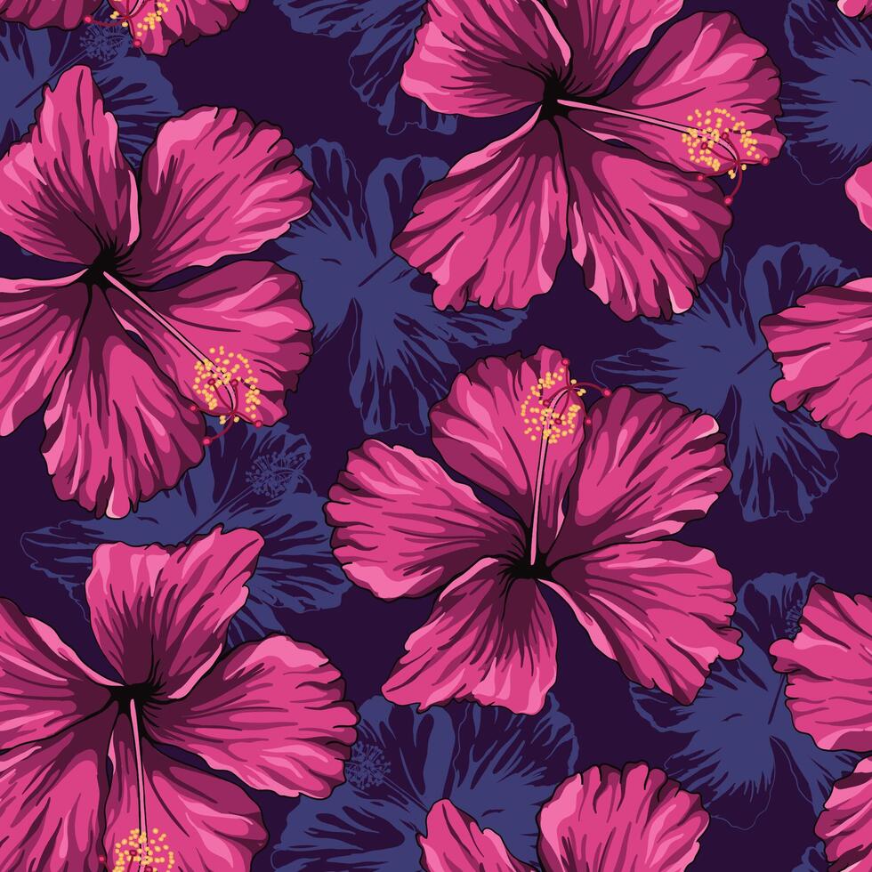 Seamless pattern of purple hibiscus flowers for fabric pattern design.Purple floral background vector for Hawaiian shirt designs.Illustration of tropical botanical vegetation