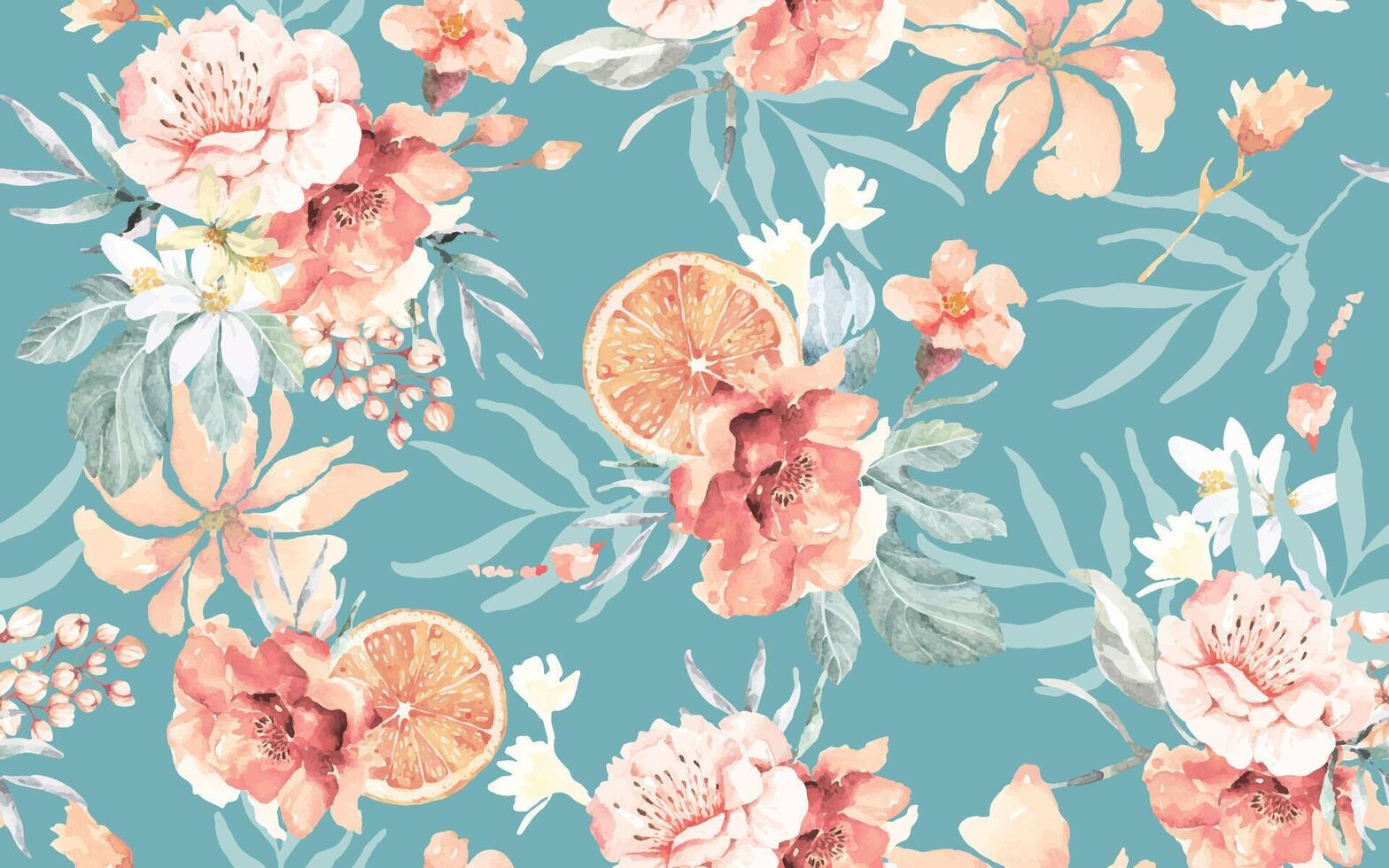 Seamless pattern of rose,orange and flowers painted in watercolor on abstract background.For fabric luxurious and wallpaper, vintage style.Hand drawn botanical floral pastel pattern. vector